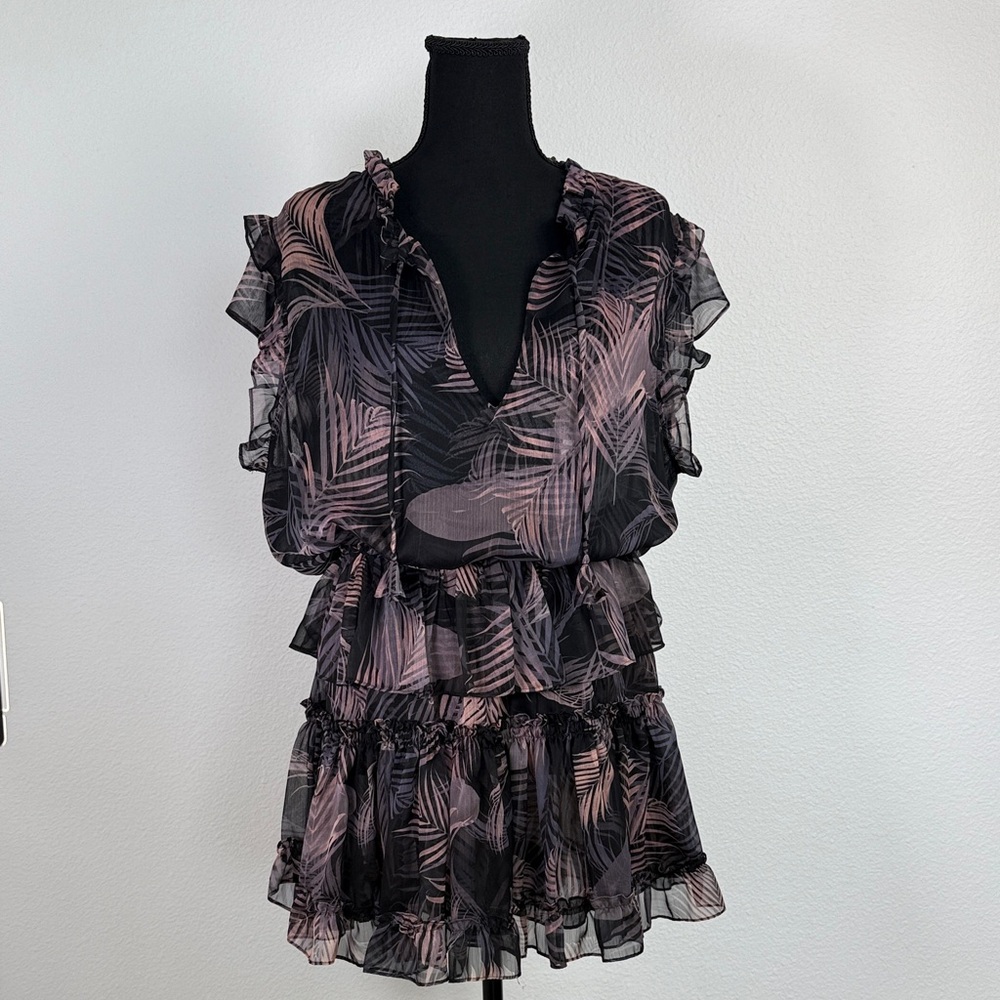 Misa Los Angeles Sheer Ruffled Dress with Leaf Print